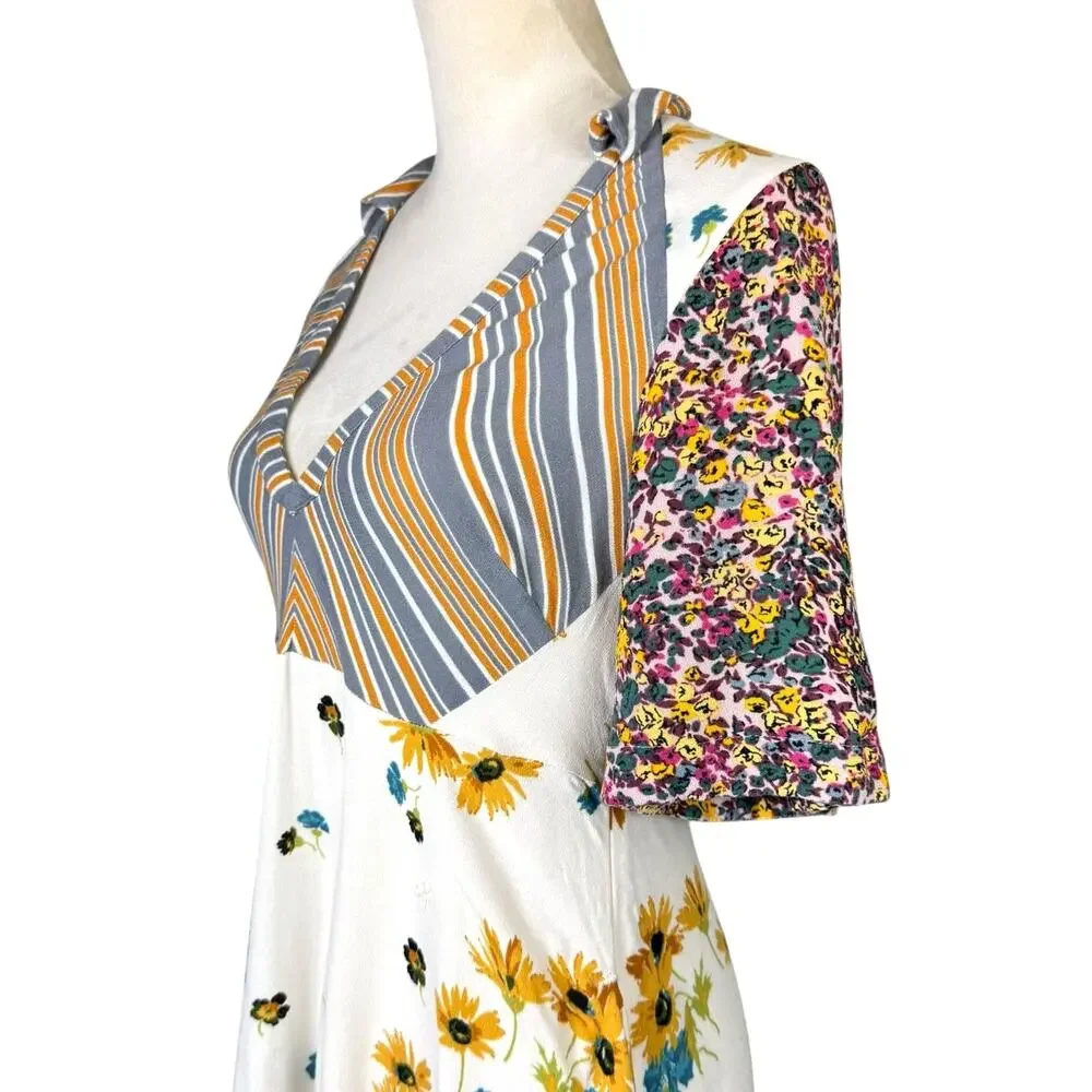 Free People Mix It Up Mixed Floral Print V-neck Babydoll Mini Dress *UPCYCLED*